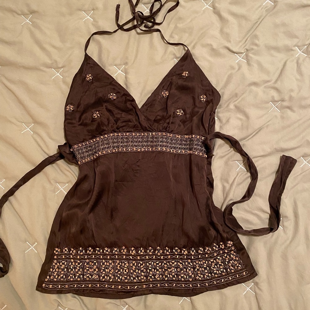 Silk Brown Beaded Halter Top